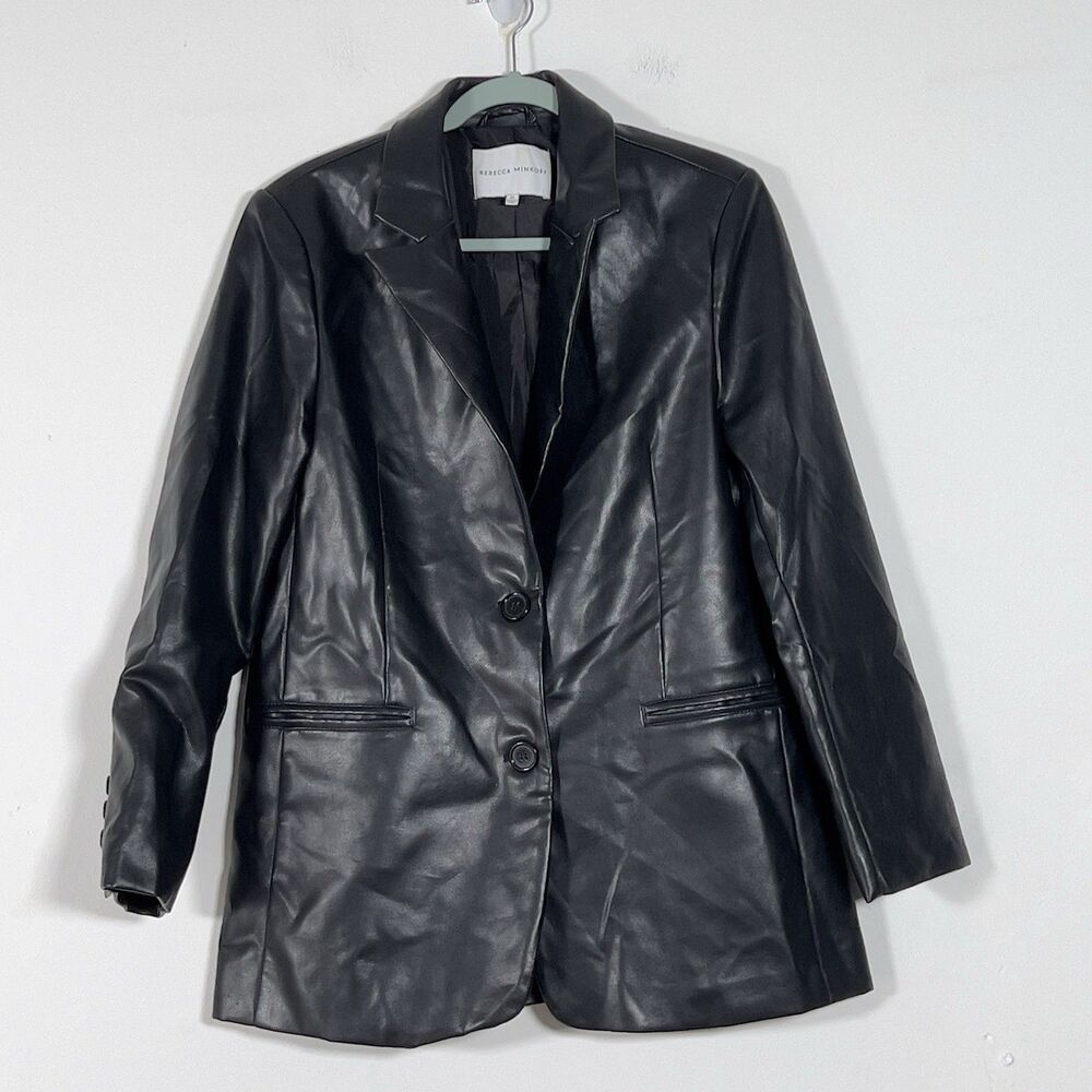 Rebecca Minkoff Faux Leather Blazer‎ Jacket Womens Sz M  Black 2 Button